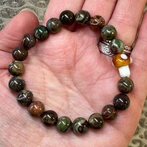 Mushroom 🍄 Jasper Crystal Gemstone Stretch Bracelet Mushroom Lampwork Bead